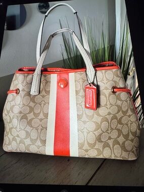 Coach Beige Tan Signature Tote with Orange Varsity Stripe